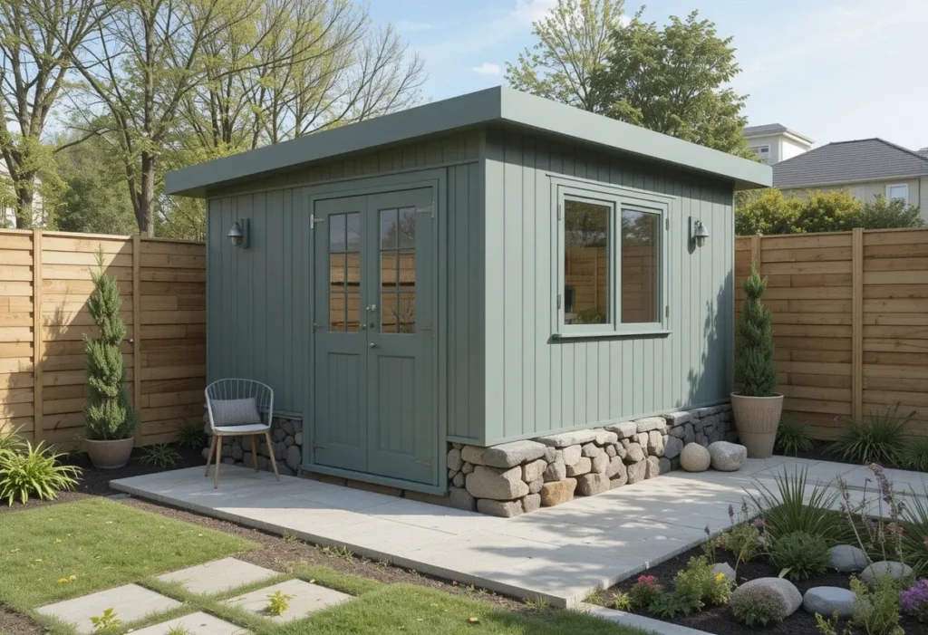  Eucalyptus-toned shed in a minimalist garden with stone details and soft, muted greenery.