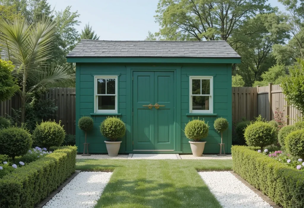  Emerald green shed with a polished look, surrounded by boxwoods and formal landscaping.