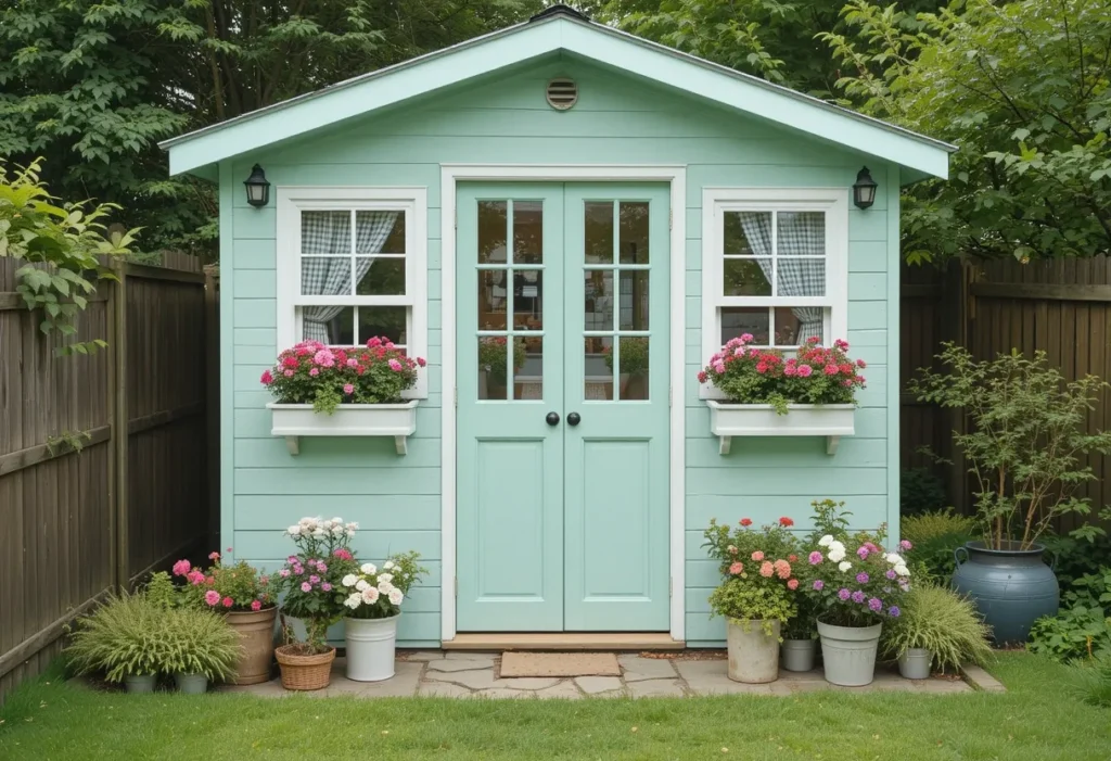 Mint green garden shed decorated with planters, flowers, and charming country details.