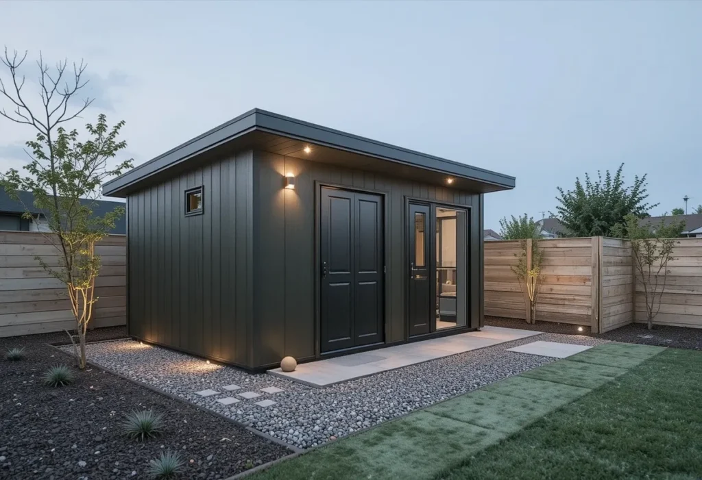 Modern dark olive green shed with black accents in a minimalist garden setting.