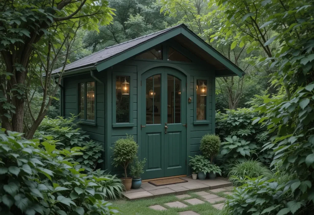 Dark juniper green garden shed blending into deep greenery with elegant brass finishes.