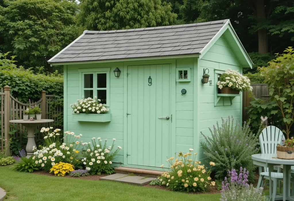 Whimsical pastel green shed with soft curves and cheerful planting beds.