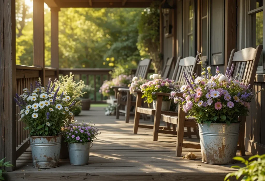  Rustic summer porch with wooden chairs and metal flower pots filled with daisies, lavender, and cotton flowers.