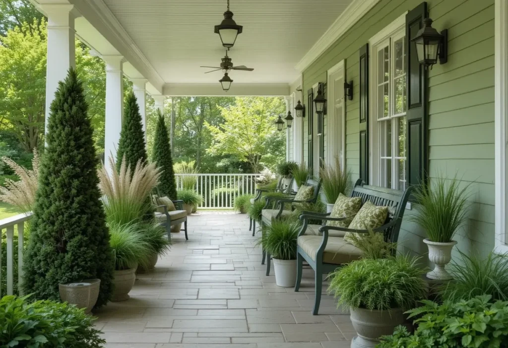 Lush porch filled with boxwoods and grasses in layered planters and mixed chairs for a vibrant summer scene.