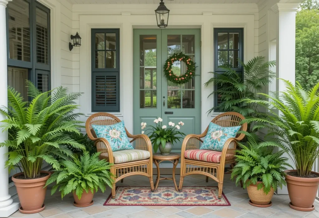  Cozy summer porch with large green ferns in clay pots, rattan chairs, and colorful cushions for a fresh feel.