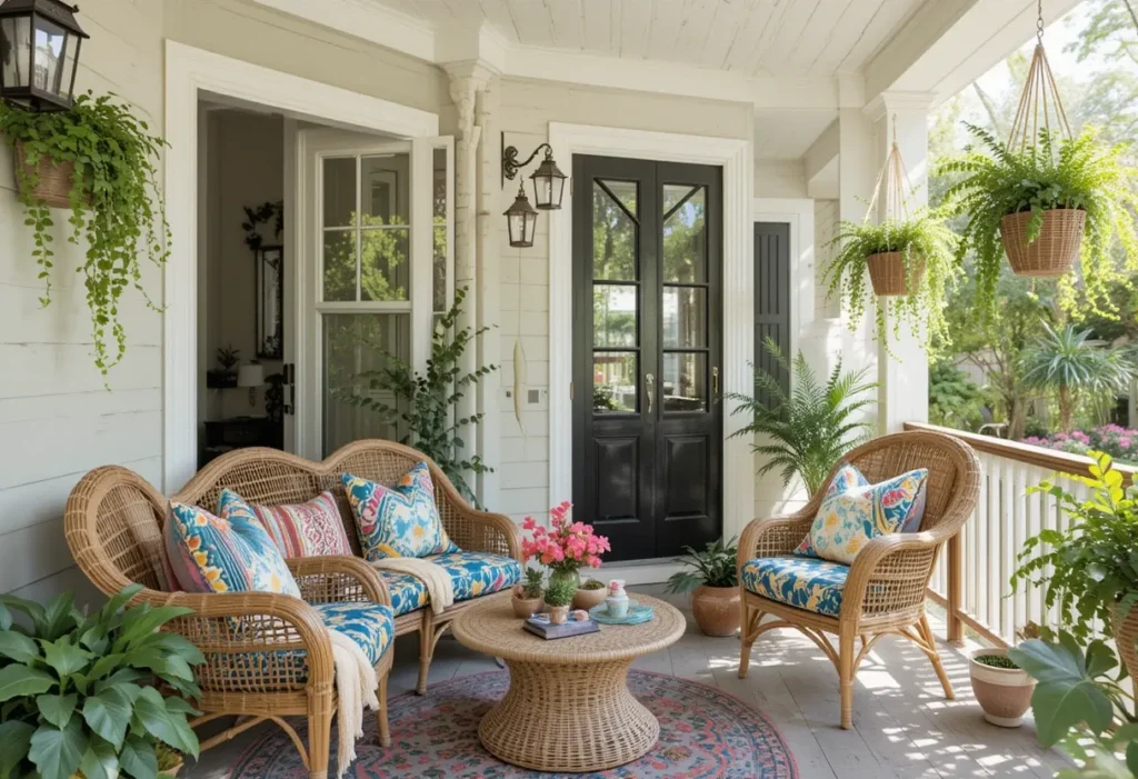 Bohemian-style porch with hanging fern baskets and bright pillows creating a breezy, relaxed vibe.