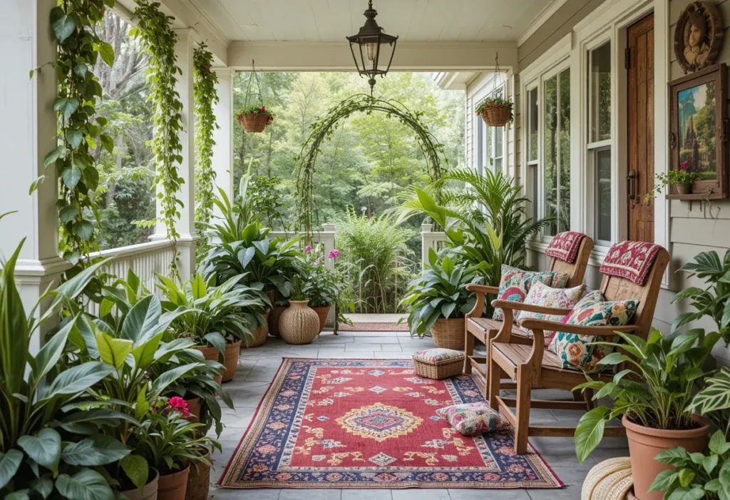 Colorful boho porch with trailing pothos plants, vibrant rugs, and patterned pillows for a fun summer look.