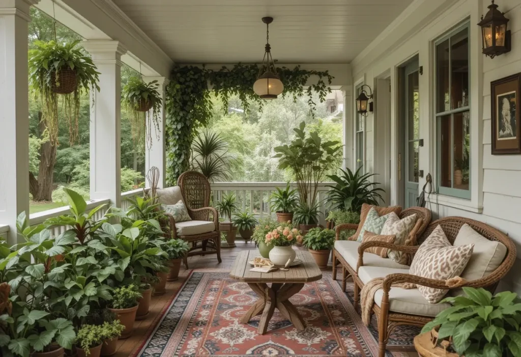 Eclectic porch full of green plants in mismatched pots, soft rugs, and earthy boho décor accents.