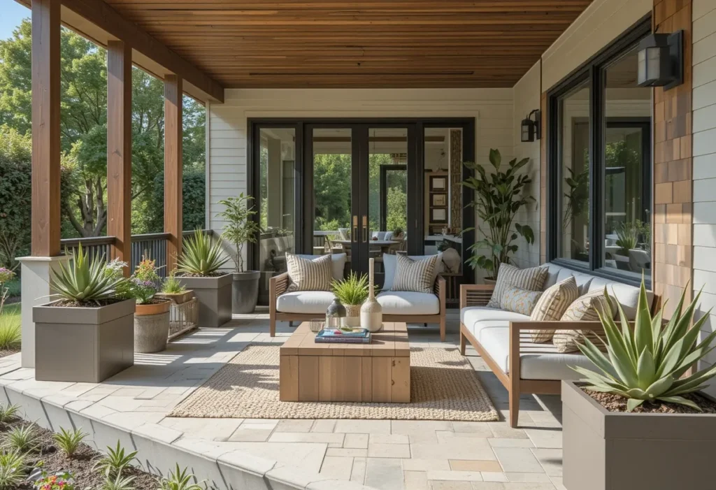 Sunny modern porch with sleek succulent pots, soft lounge seating, and wood details for summer relaxation.