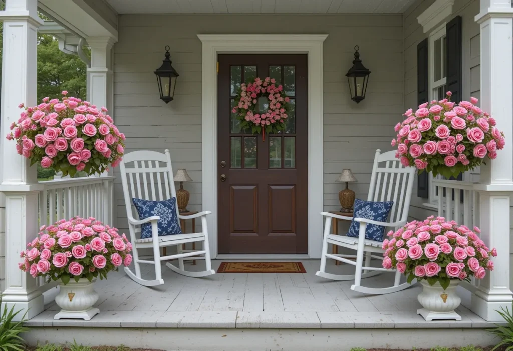  Charming vintage porch with pink rose baskets, white rocking chairs, lanterns, and navy blue pillows.