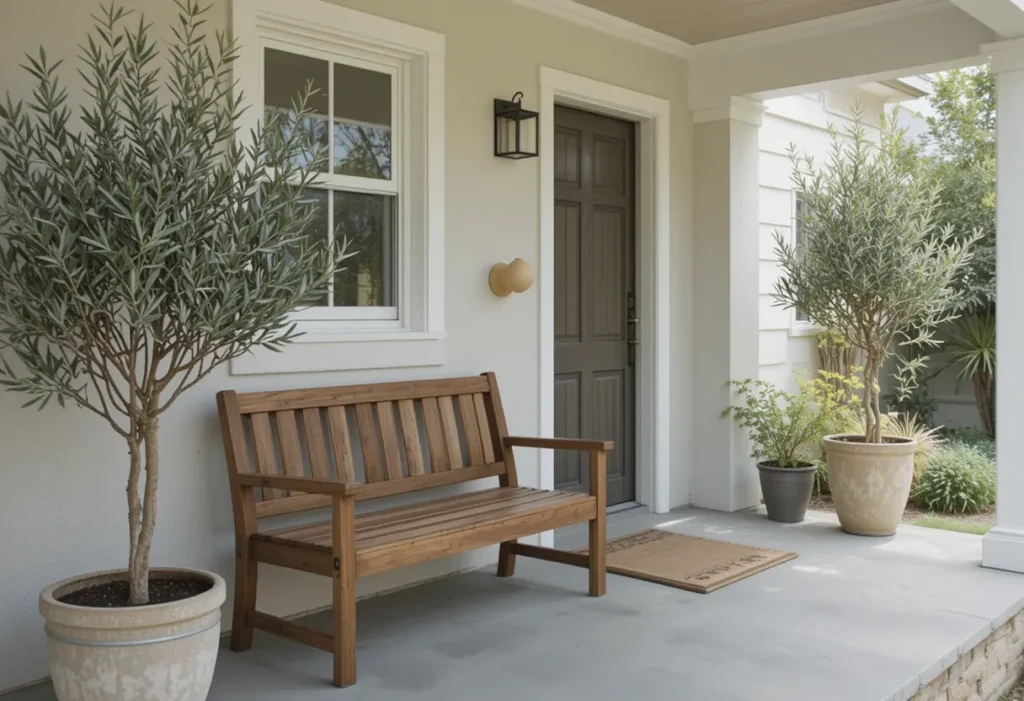 Simple summer porch with a wooden bench and two olive trees in pots, creating a serene outdoor spot.