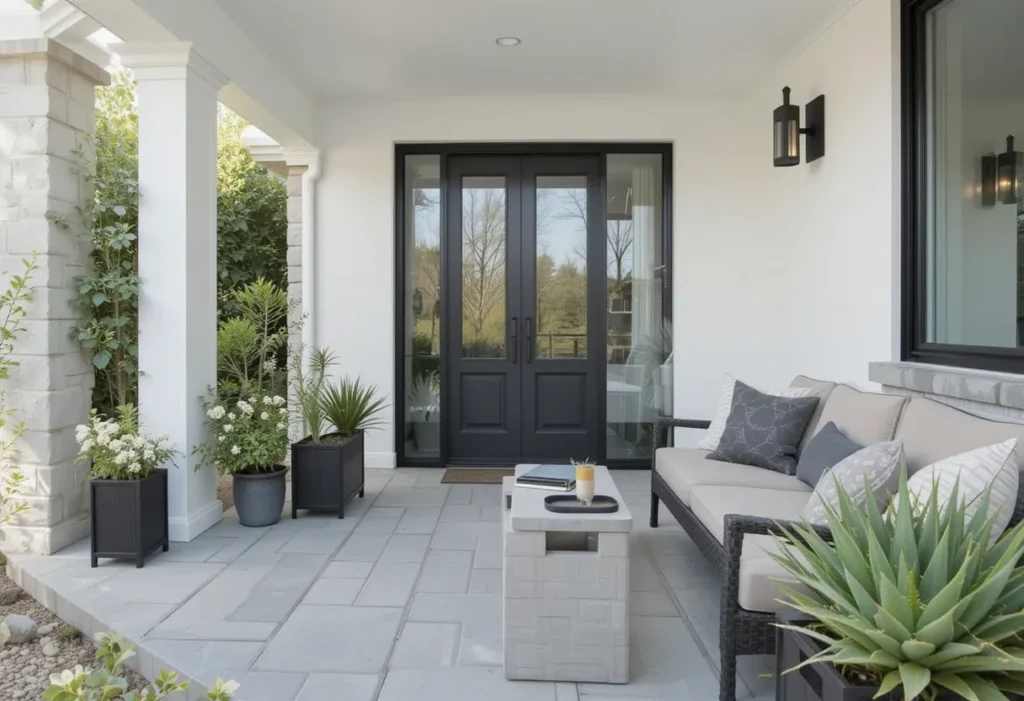 Clean and tidy porch with white and black planters holding succulents and neutral outdoor cushions.