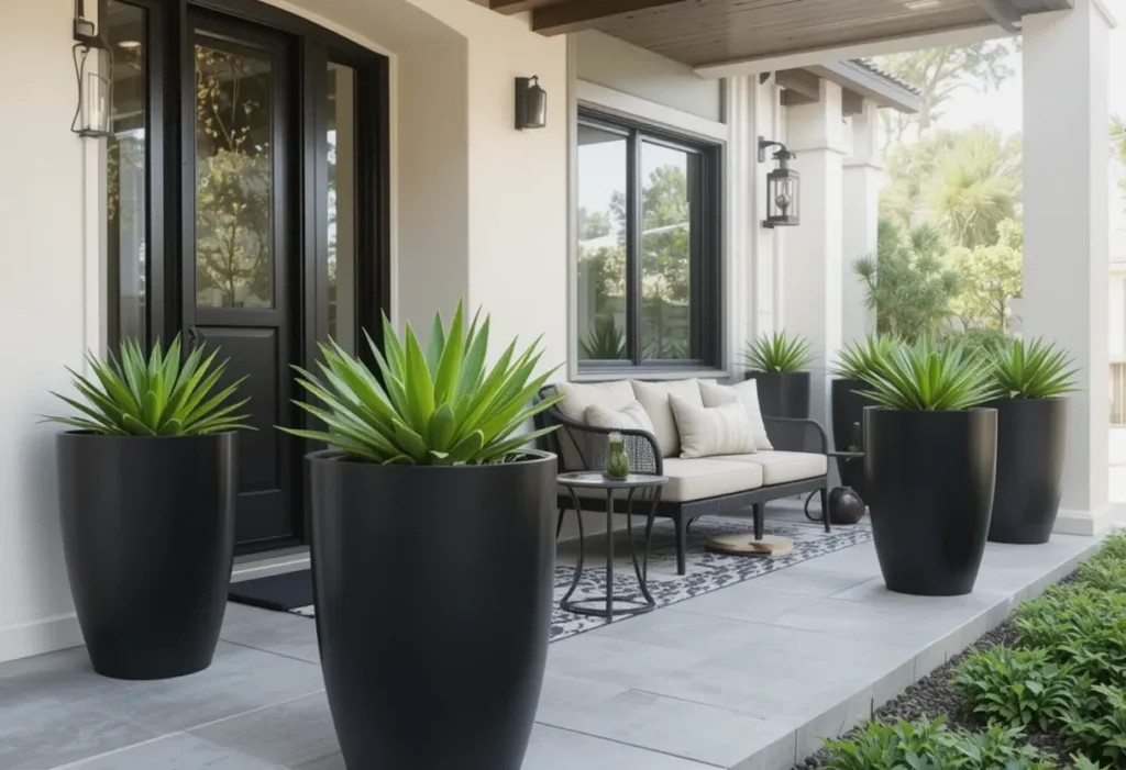  Bold modern porch design with black pots filled with bright green succulents and beige pillows.