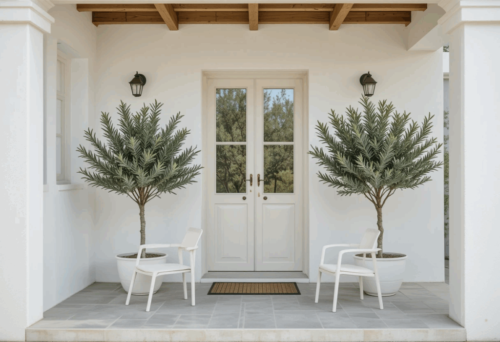 Minimalist porch design featuring potted olive trees and clean-lined white chairs for a calm, natural vibe.