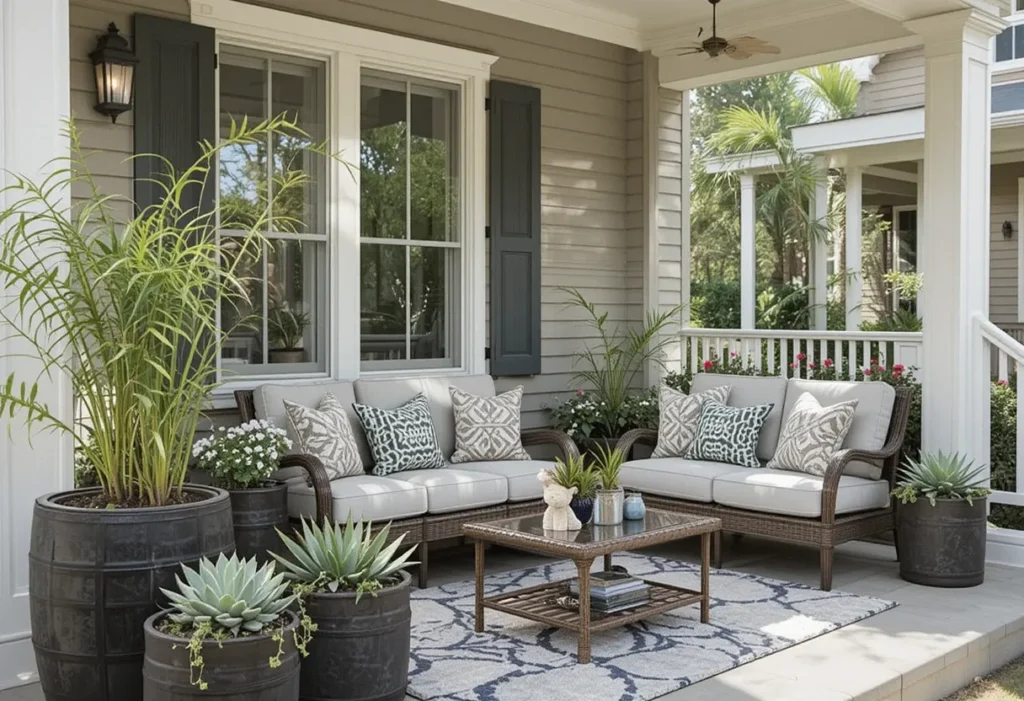 Trendy porch featuring dark succulent planters, comfy seating, and throw pillows for a stylish summer space.