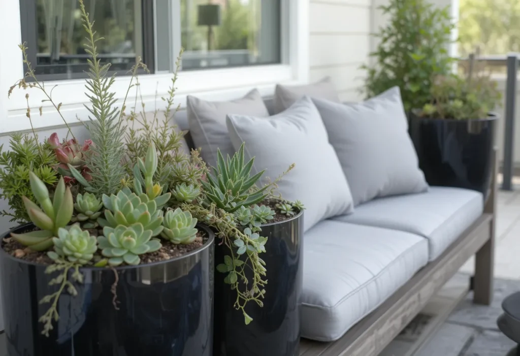 Modern porch with black pots filled with succulents and soft cushions for a fresh and relaxed summer look.