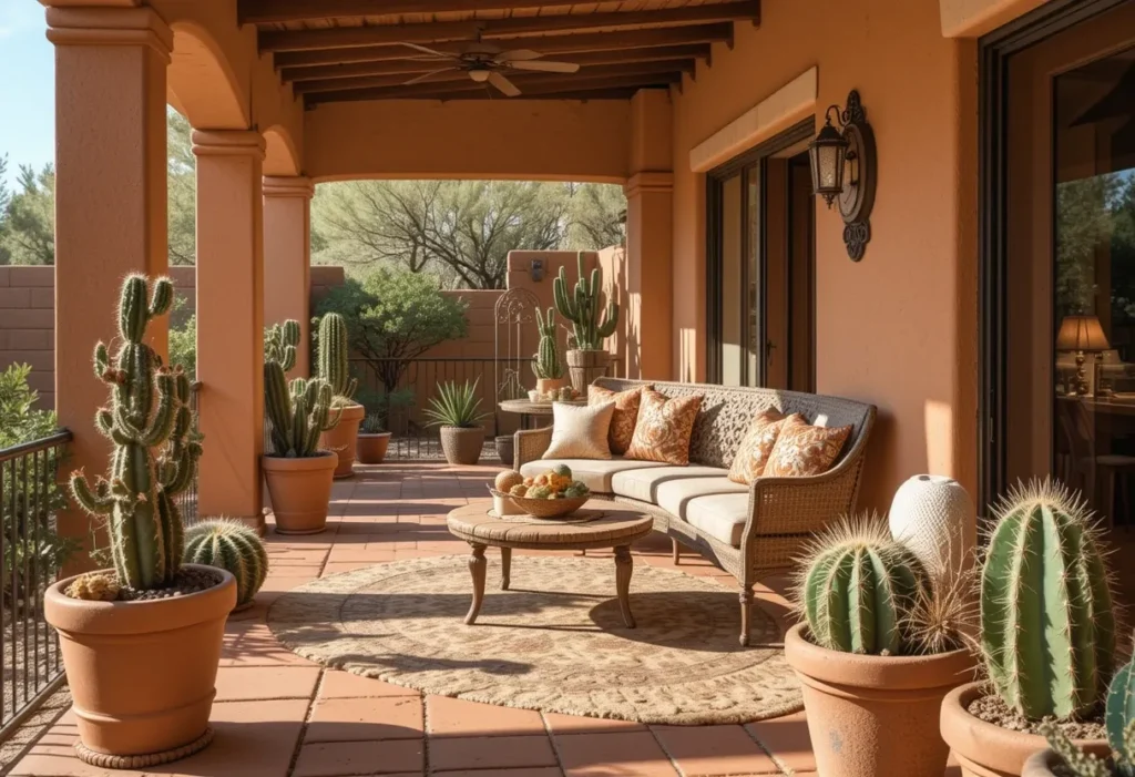 Terracotta-tiled porch decorated with cactus plants and earthy pillows for a warm Southwestern style.