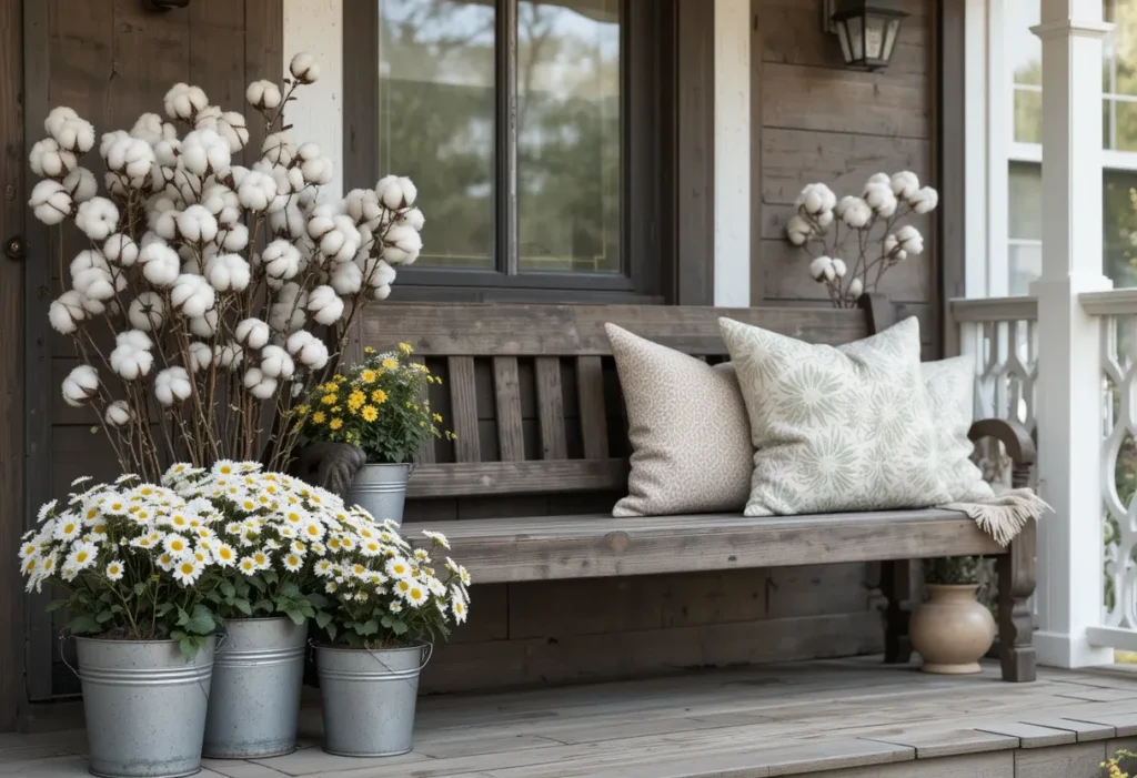Farmhouse-style porch with tin pots of cotton flowers and daisies, a wooden bench, and cozy throw pillows.