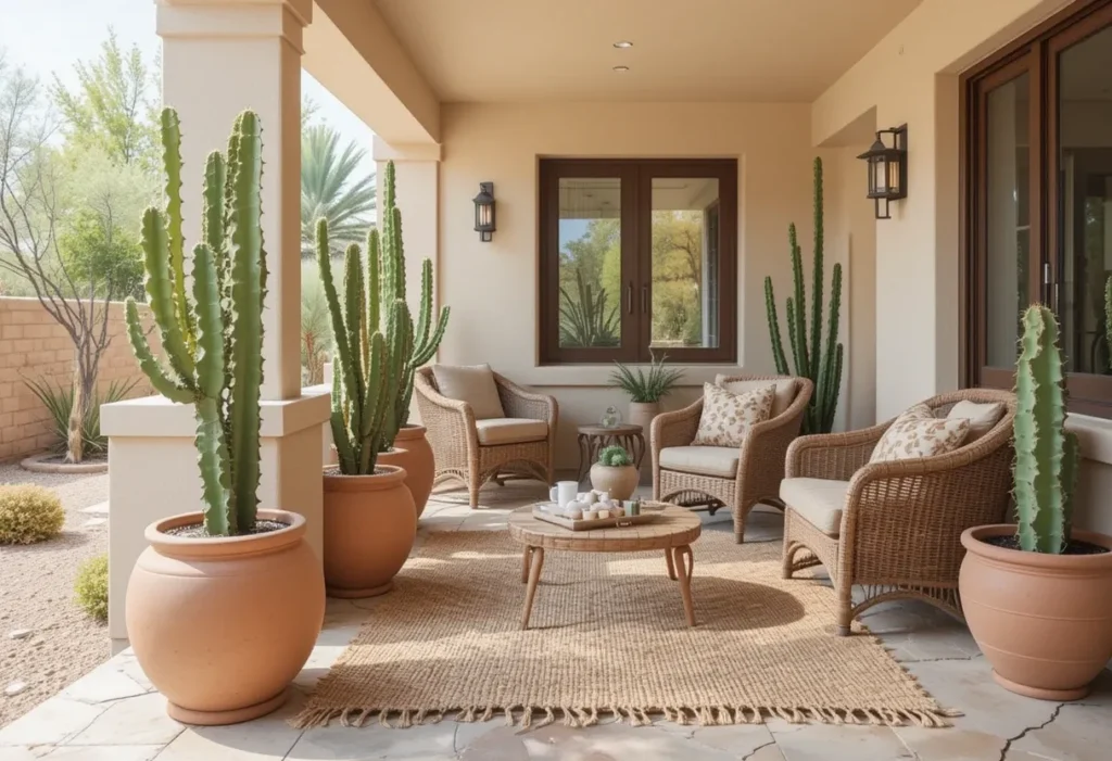 Summer porch with large clay pots holding cacti and woven textures like jute and wicker for a desert feel.