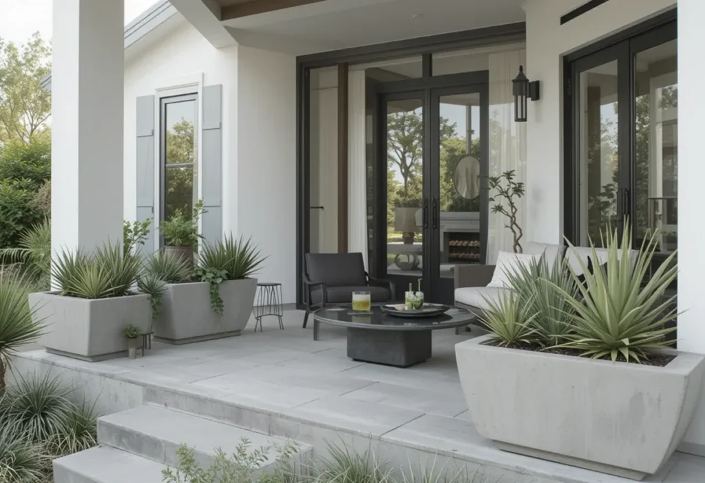 Stylish modern porch with concrete planters and sculptural succulents for a clean, minimalist design.
