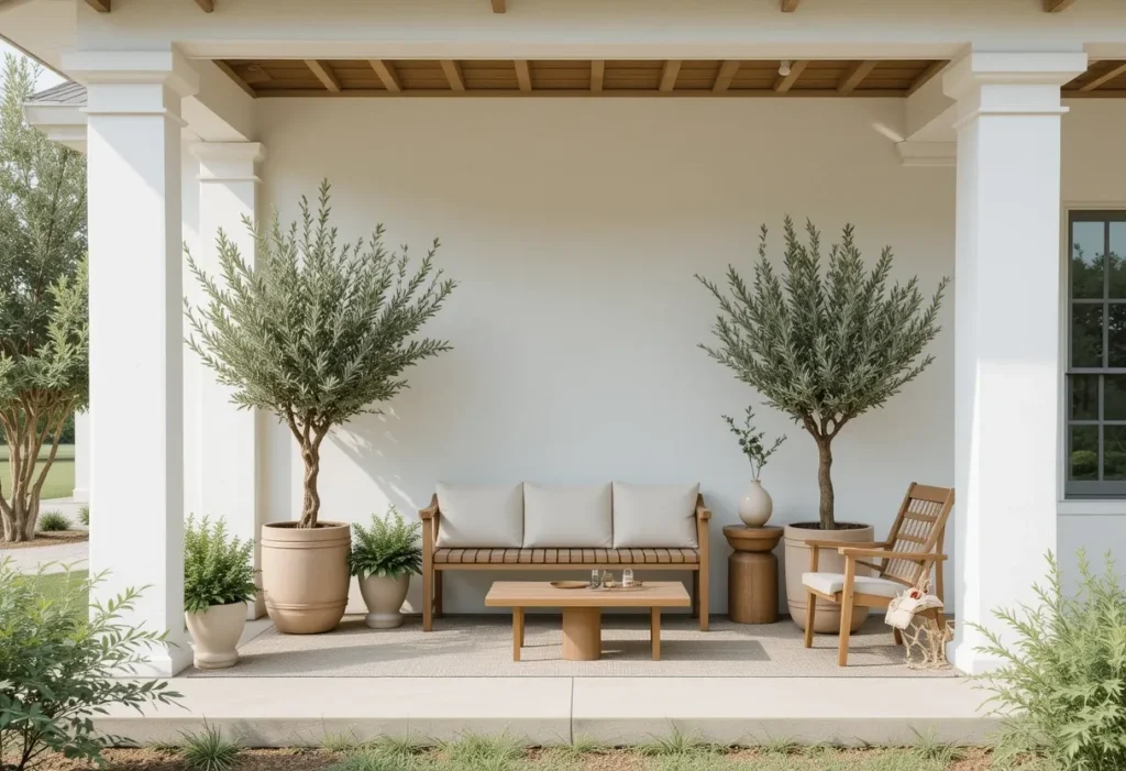 Minimal summer porch featuring tall planters with olive trees and wooden furniture in a neat, airy layout.
