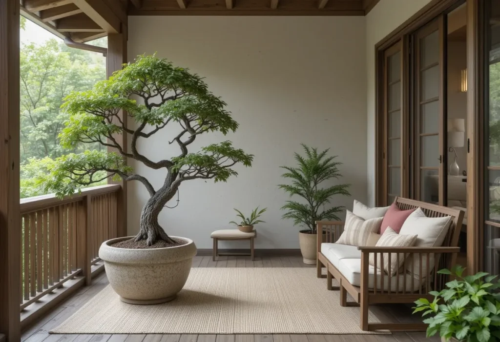Tranquil Zen porch with a bonsai tree in a stone pot, soft rug, and natural tones for a peaceful retreat.