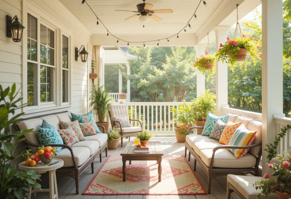 Summer porch with cozy seating, bright pillows, potted plants, and string lights, creating a fun, inviting space for relaxing and entertaining.