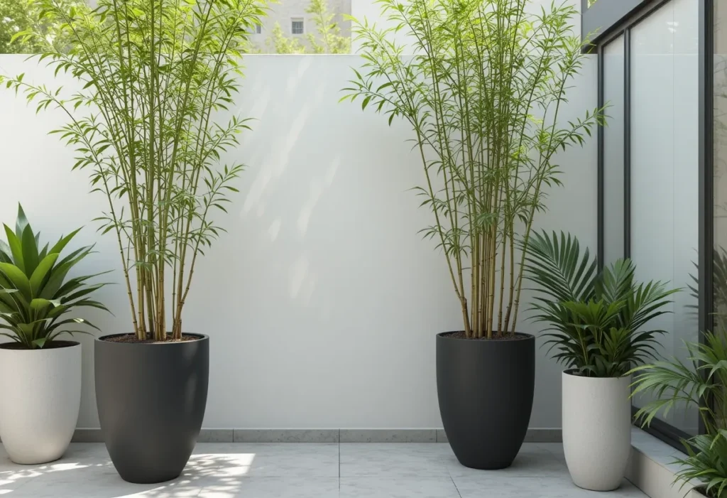 Modern garden corner with tall bamboo in black pots, surrounded by sleek green foliage and minimalist decor.