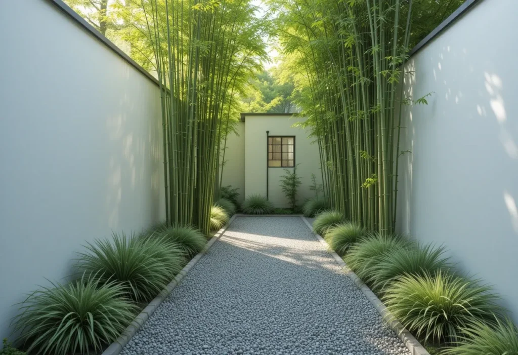 Peaceful gravel path flanked by bamboo and ornamental grass, styled in a minimalist Zen theme.