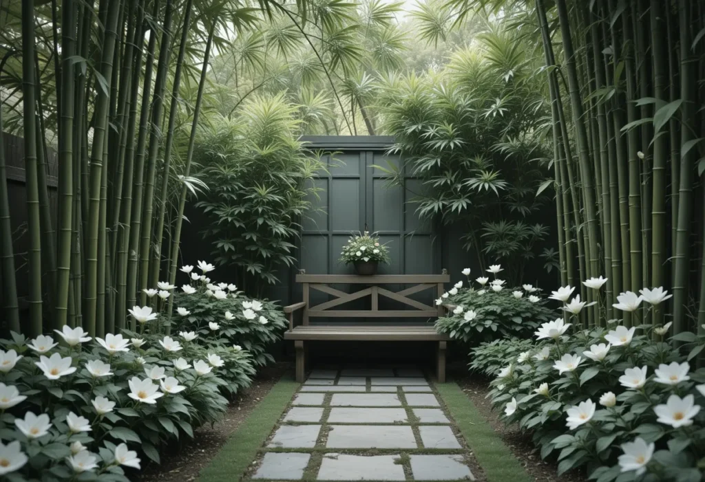  Calming bamboo garden with delicate white flowers and soft greenery for a spa-like retreat.