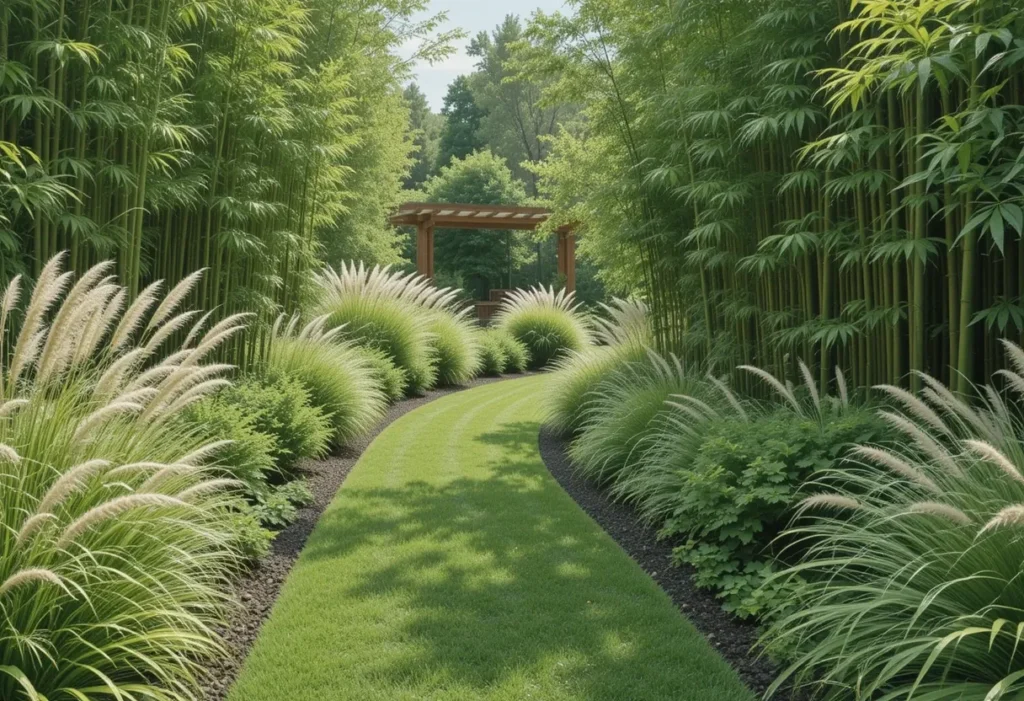Walkway edged with clumping bamboo and flowing grasses, creating privacy and movement.