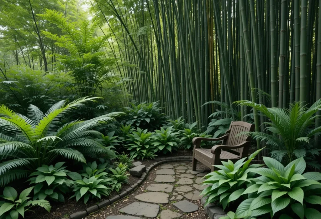  Shaded garden corner with bamboo, ferns, and hostas forming a cool, green sanctuary.