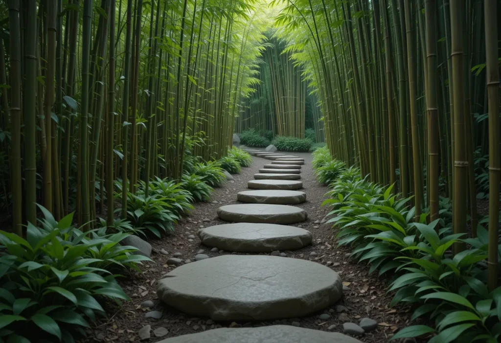 Serene garden path with smooth stepping stones and towering bamboo for a tranquil feel.