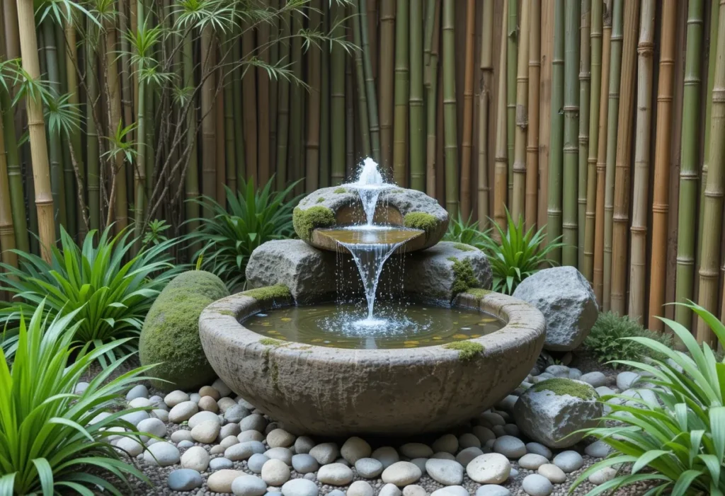  Bamboo-lined garden with a bubbling stone fountain and peaceful greenery surrounding it.