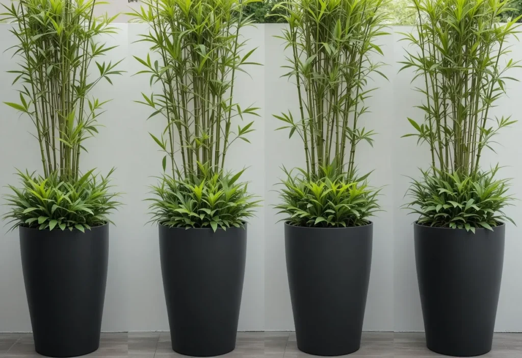 Tall black planters with slender bamboo stalks and vibrant foliage on a modern patio.