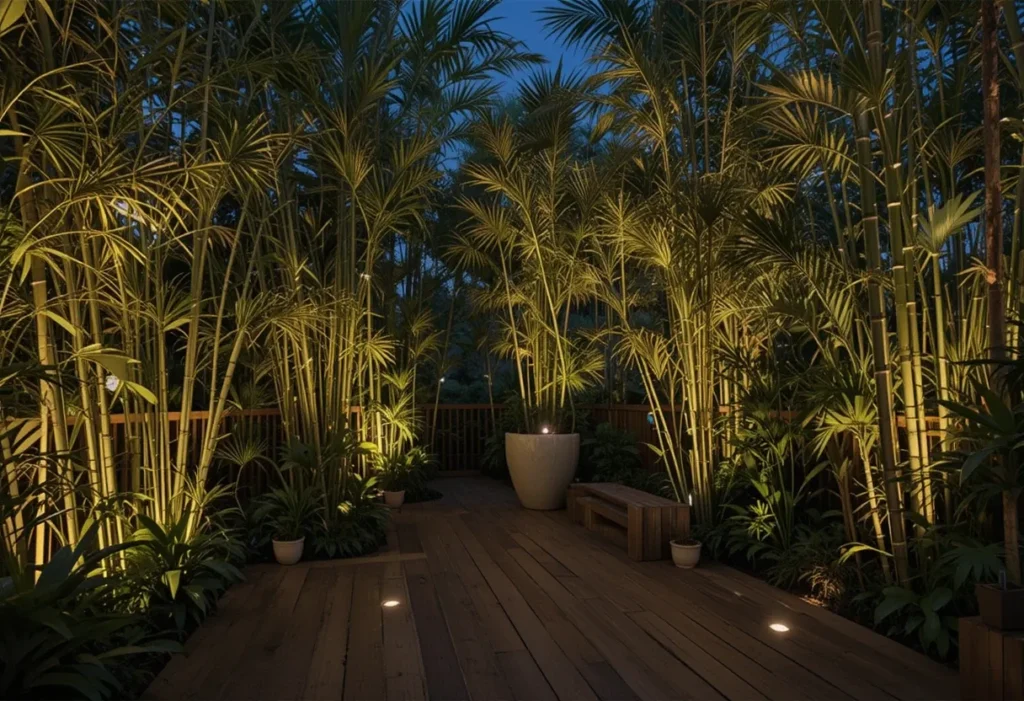 Bamboo garden at dusk illuminated by soft uplighting with lush plants and wooden decking.