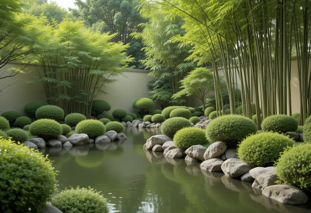 Zen-style garden with still water, manicured shrubs, and upright bamboo plants for balance.