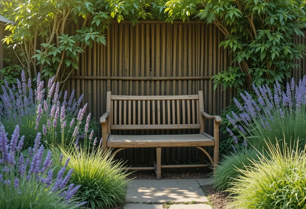 Wooden bench set against a bamboo backdrop, surrounded by low-maintenance plants and flowers.