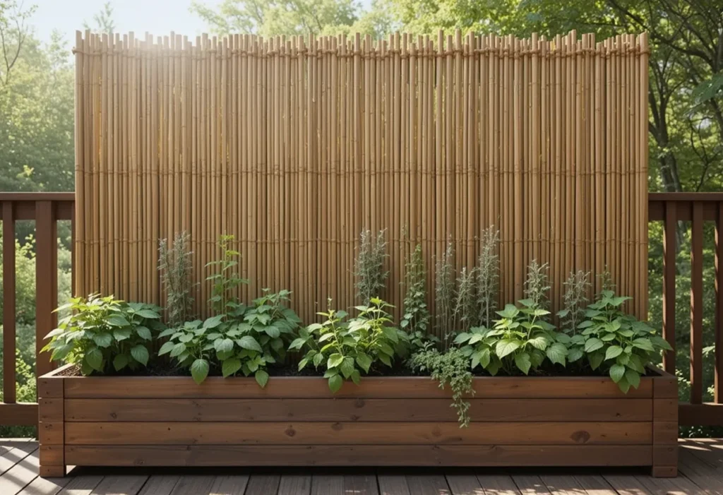 Bamboo privacy screen paired with rustic planters growing fresh herbs like basil and mint on a wooden deck.