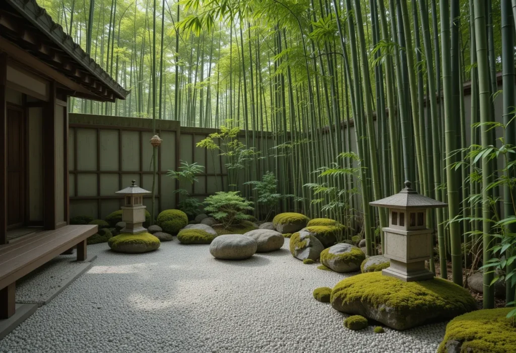 Traditional Japanese garden with bamboo, moss, stones, and a stone lantern for a Zen ambiance.