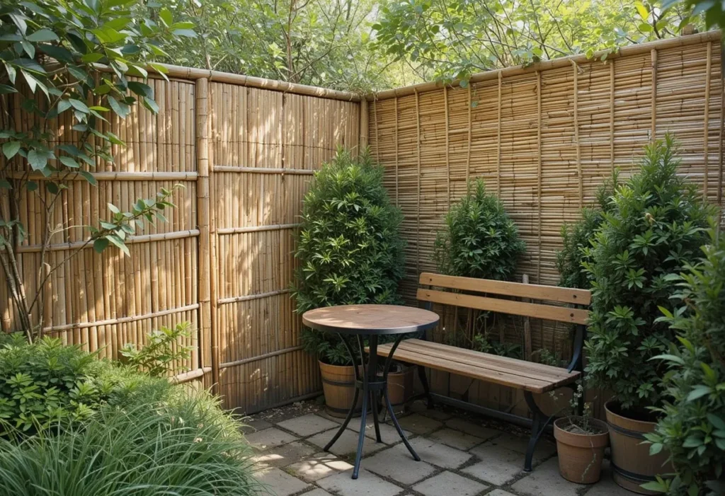 Enclosed seating area with tall bamboo and tidy boxwoods, ideal for private outdoor relaxation.