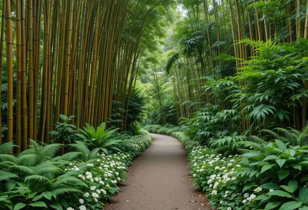 Bamboo garden border surrounded by rich green ferns, white flowers, and tropical ground covers.