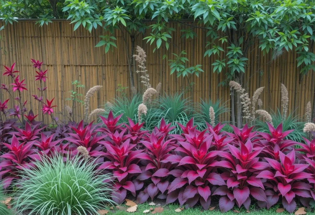 Golden bamboo fence paired with bright coleus plants and ornamental grasses for a bold backyard look.