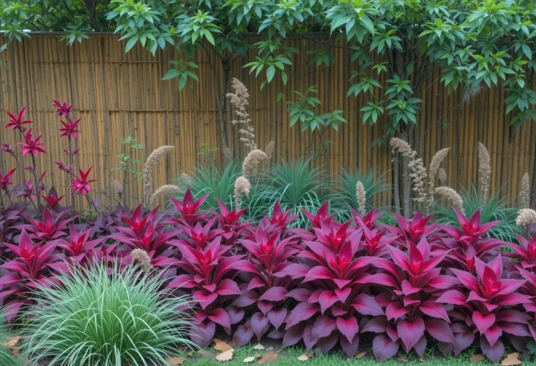 Golden bamboo fence paired with bright coleus plants and ornamental grasses for a bold backyard look.