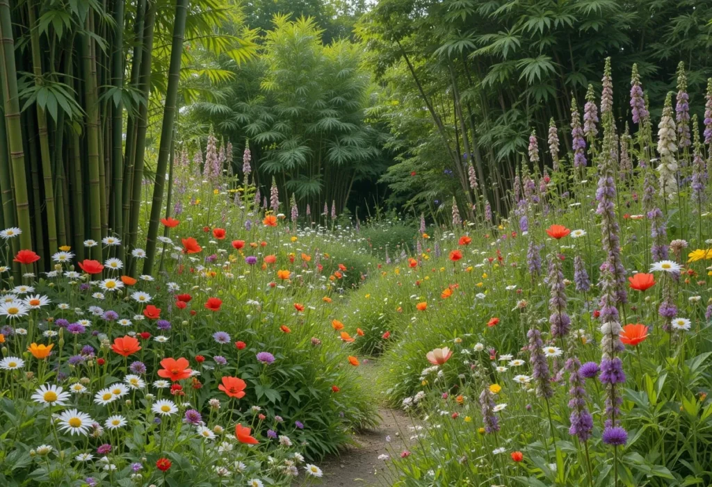 Natural wildflower garden with bamboo clusters, daisies, and poppies creating a whimsical, meadow-like vibe.
