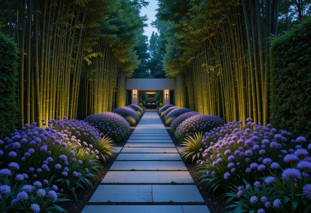 Clean stone garden path bordered by tall bamboo and blooming purple alliums in a modern setting.