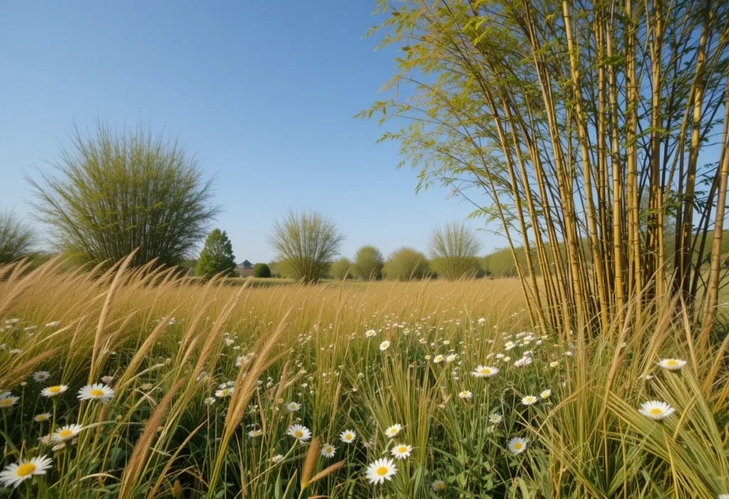 Prairie-style garden with bamboo, native grasses, and white daisies for a carefree, wild look.