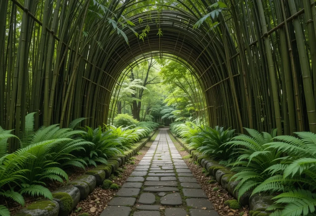 Lush garden pathway with a tall bamboo arch and thick ferns lining the shaded walkway.