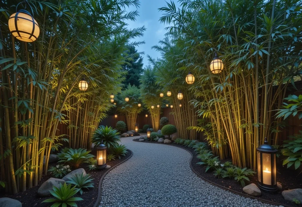 Bamboo garden softly lit with hanging lanterns and low shrubs for a cozy evening glow.