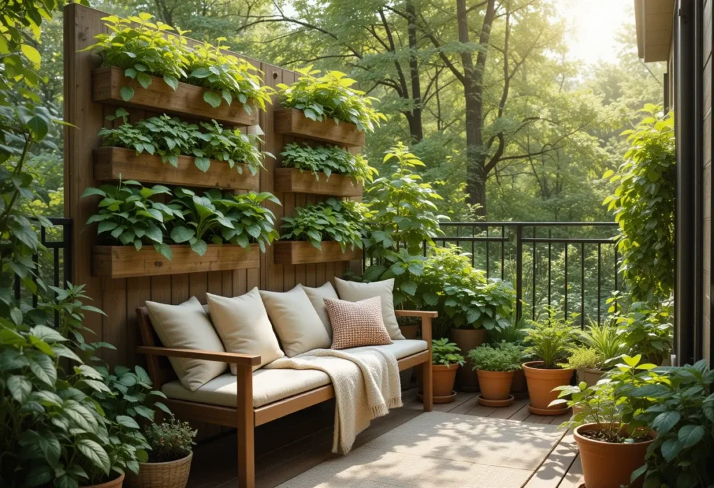 Small balcony with vertical herb planters filled with basil and herbs, cozy cushions, and a relaxed seating nook.